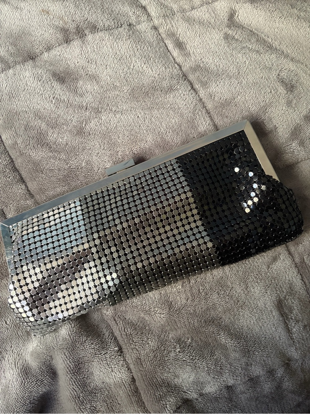 Tricoloured sequined clutch purse with strap